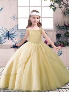 Champagne Sleeveless Floor Length Beading Lace Up Little Girls Pageant Dress