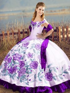 Custom Designed Off The Shoulder Sleeveless Quinceanera Gowns Floor Length Embroidery and Ruffles White And Purple Satin