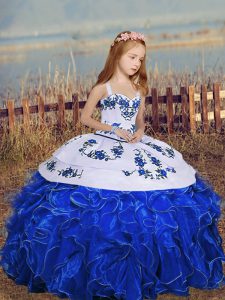 Latest Floor Length Royal Blue Girls Pageant Dresses Organza Sleeveless Embroidery and Ruffles