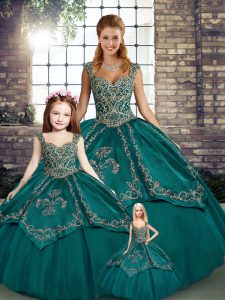 Sleeveless Floor Length Beading and Embroidery Lace Up Quinceanera Gown with Teal