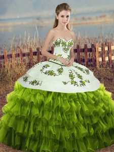 Clearance Olive Green Ball Gowns Sweetheart Sleeveless Organza Floor Length Lace Up Embroidery and Ruffled Layers and Bowknot 15th Birthday Dress