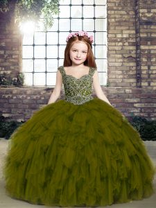 Olive Green Sleeveless Tulle Lace Up Pageant Gowns For Girls for Party and Military Ball and Wedding Party