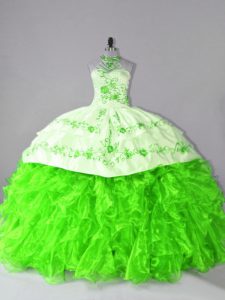 Luxury Halter Top Sleeveless Sweet 16 Dresses Court Train Embroidery and Ruffles Organza