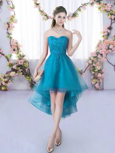 Tulle Sweetheart Sleeveless Lace Up Lace Vestidos de Damas in Teal