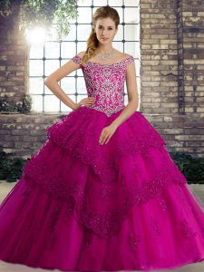 Latest Fuchsia Tulle Lace Up Ball Gown Prom Dress Sleeveless Brush Train Beading and Lace