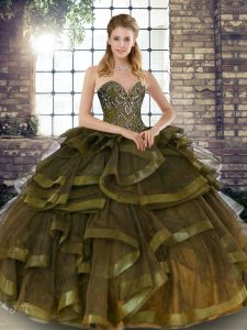 High Class Sweetheart Sleeveless Quince Ball Gowns Floor Length Beading and Ruffles Olive Green Tulle