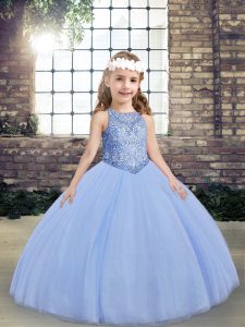 Light Blue Tulle Lace Up High School Pageant Dress Sleeveless Floor Length Beading