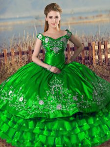 Fitting Ball Gowns 15th Birthday Dress Green Off The Shoulder Satin Sleeveless Floor Length Lace Up