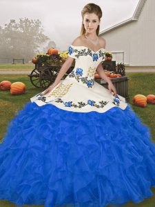 Gorgeous Off The Shoulder Sleeveless 15 Quinceanera Dress Floor Length Embroidery and Ruffles Royal Blue Organza