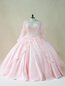 Free and Easy Baby Pink Ball Gowns V-neck Long Sleeves Satin and Tulle Floor Length Lace Up Beading and Appliques Sweet 16 Dresses