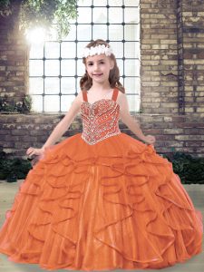 Orange Red Straps Neckline Beading and Ruffles Little Girl Pageant Gowns Sleeveless Lace Up