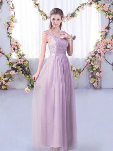 Fitting Lavender Tulle Side Zipper V-neck Sleeveless Floor Length Quinceanera Court Dresses Lace and Belt