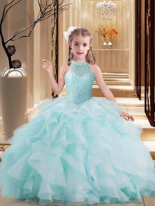 Light Blue Ball Gowns High-neck Sleeveless Tulle Brush Train Lace Up Beading and Ruffles Pageant Gowns For Girls