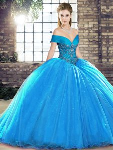 Blue Sweet 16 Quinceanera Dress Military Ball and Sweet 16 and Quinceanera with Beading Off The Shoulder Sleeveless Brush Train Lace Up