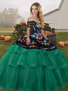 Green Sleeveless Tulle Brush Train Lace Up 15th Birthday Dress for Military Ball and Sweet 16 and Quinceanera