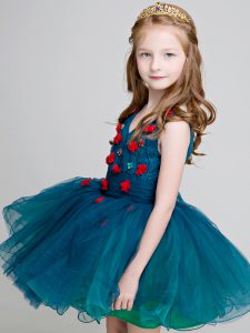 Enchanting Teal Organza Zipper Little Girl Pageant Dress Sleeveless Mini Length Lace and Appliques