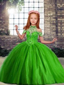 New Style Off The Shoulder Sleeveless Kids Pageant Dress Floor Length Beading Green Tulle