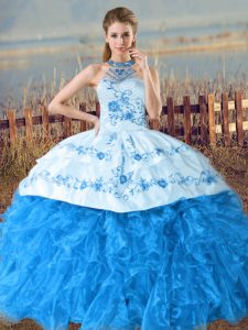 Chic Baby Blue Organza Lace Up 15 Quinceanera Dress Sleeveless Court Train Embroidery and Ruffles