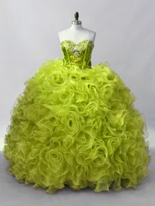 Amazing Yellow Green Ball Gowns Organza Sweetheart Sleeveless Ruffles and Sequins Floor Length Lace Up Quinceanera Gown