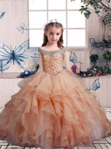 Lovely Peach Kids Formal Wear Party and Sweet 16 and Wedding Party with Beading and Ruffles Scoop Sleeveless Lace Up