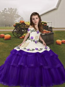 Purple Tulle Lace Up Straps Sleeveless Floor Length Child Pageant Dress Embroidery and Ruffled Layers