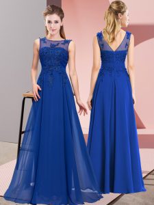 Royal Blue Empire Scoop Sleeveless Chiffon Floor Length Zipper Beading and Appliques Damas Dress