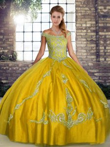 Gold Lace Up Ball Gown Prom Dress Beading and Embroidery Sleeveless Floor Length