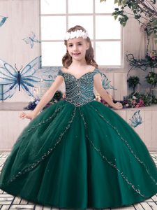 Dark Green Sleeveless Tulle Lace Up Little Girl Pageant Dress for Military Ball and Wedding Party