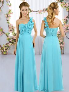 High Class Sleeveless Floor Length Hand Made Flower Lace Up Dama Dress with Aqua Blue