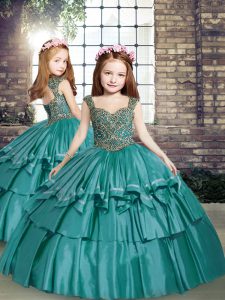 Ball Gowns Child Pageant Dress Teal Straps Taffeta Sleeveless Floor Length Lace Up