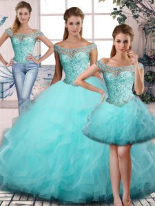 Dramatic Aqua Blue Ball Gowns Beading and Ruffles Quinceanera Dresses Lace Up Tulle Sleeveless