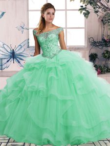 High End Apple Green Sleeveless Floor Length Beading and Ruffles Lace Up Sweet 16 Quinceanera Dress