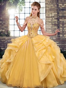 Gold Lace Up Halter Top Beading and Ruffles 15th Birthday Dress Organza Sleeveless