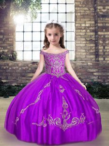 Tulle Off The Shoulder Sleeveless Lace Up Beading Little Girls Pageant Dress in Purple