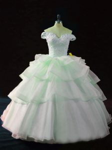 Dynamic Off The Shoulder Sleeveless Sweet 16 Dress Brush Train Beading and Ruffled Layers Apple Green Organza