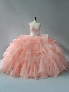Fitting Peach Ball Gowns Organza Sweetheart Sleeveless Beading and Ruffles Lace Up Sweet 16 Quinceanera Dress Brush Train