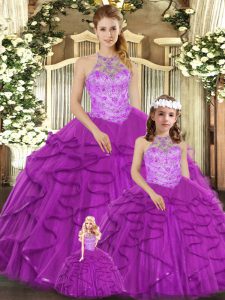 Amazing Purple Tulle Lace Up Halter Top Sleeveless Floor Length Quinceanera Gowns Beading and Ruffles