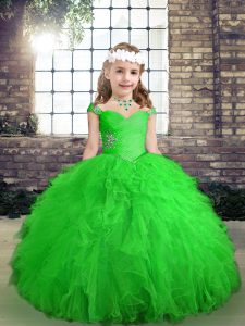 Customized Green Ball Gowns Straps Sleeveless Tulle Floor Length Lace Up Beading and Ruffles Little Girls Pageant Gowns