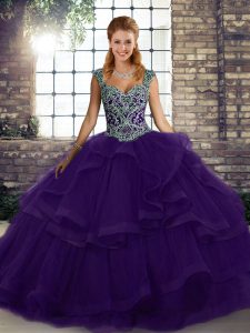Purple Sleeveless Floor Length Beading and Ruffles Lace Up Vestidos de Quinceanera