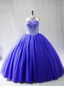 Tulle Halter Top Sleeveless Brush Train Lace Up Beading Quince Ball Gowns in Blue