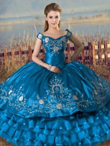 Extravagant Off The Shoulder Sleeveless Satin and Organza Sweet 16 Quinceanera Dress Embroidery and Ruffles Lace Up