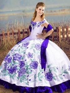 Stunning White And Purple Ball Gowns Embroidery and Ruffles 15th Birthday Dress Lace Up Satin and Organza Sleeveless Floor Length