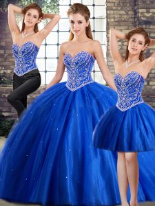 Modern Blue Sleeveless Tulle Brush Train Lace Up 15 Quinceanera Dress for Military Ball and Sweet 16 and Quinceanera