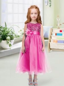 Rose Pink Empire Sequins and Hand Made Flower Pageant Gowns For Girls Zipper Organza Sleeveless Tea Length