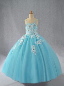 Tulle Spaghetti Straps Sleeveless Lace Up Beading and Appliques Pageant Gowns For Girls in Aqua Blue