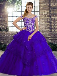 Purple Off The Shoulder Lace Up Beading and Lace Ball Gown Prom Dress Brush Train Sleeveless