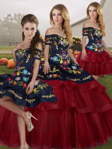 Wine Red Lace Up Off The Shoulder Embroidery and Ruffled Layers Quinceanera Dress Tulle Sleeveless Brush Train