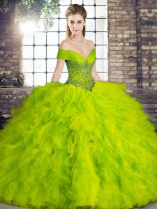 Comfortable Olive Green Ball Gowns Tulle Off The Shoulder Sleeveless Beading and Ruffles Floor Length Lace Up Ball Gown Prom Dress