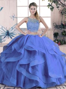 Pretty Blue Lace Up Scoop Beading and Ruffles Sweet 16 Dresses Tulle Sleeveless