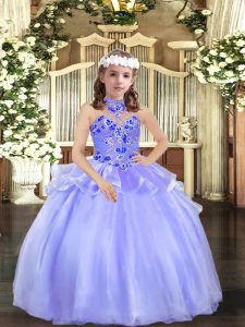 Popular Lavender Little Girls Pageant Dress Wholesale Party and Wedding Party with Appliques Halter Top Sleeveless Lace Up